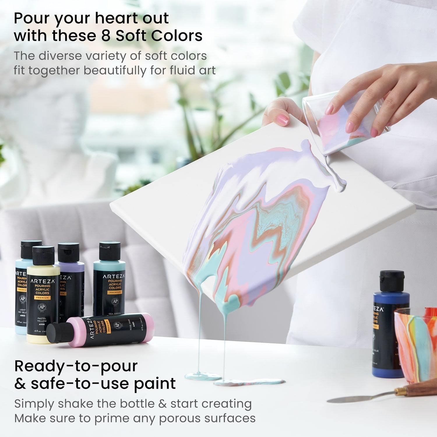 Arteza Acrylic Pouring Paint Kit, 4 oz Bottles Set, Pastel Colors - 8 Pack