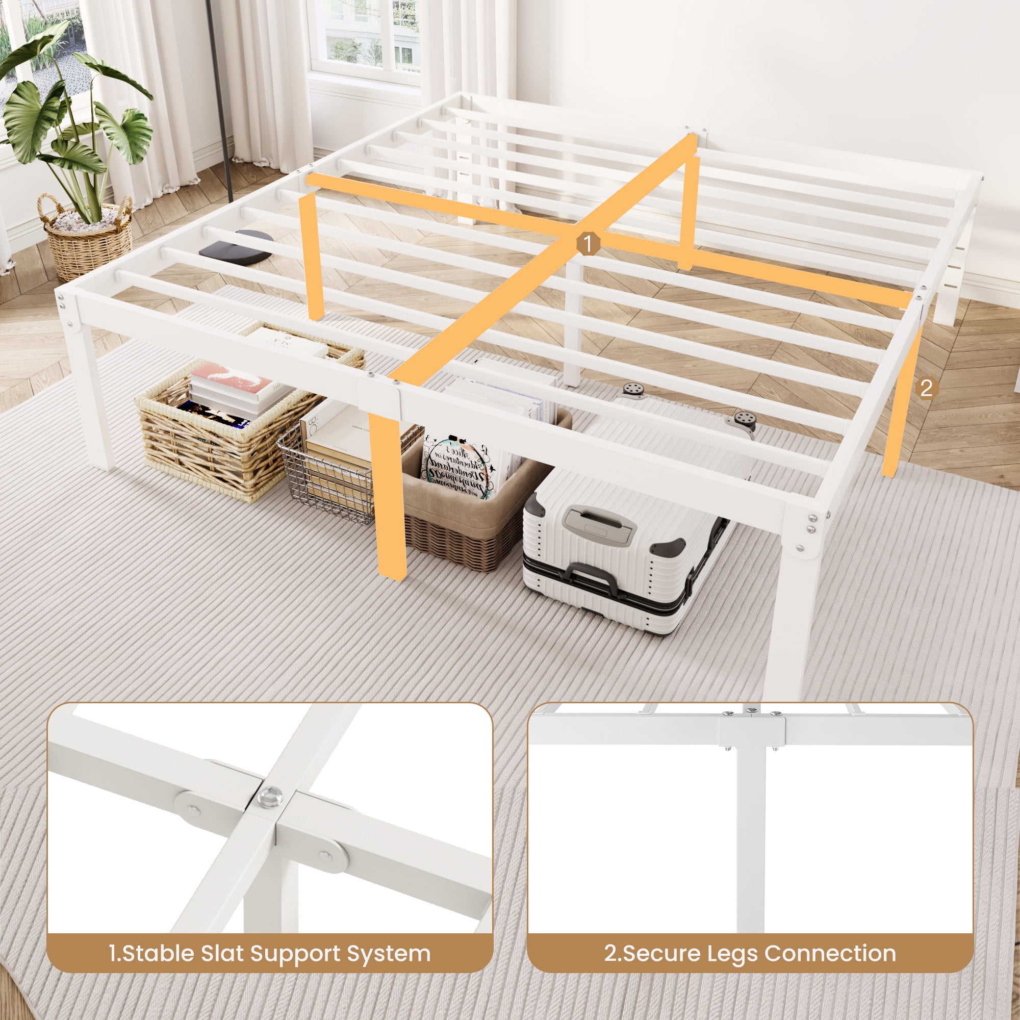 Merrland King Size Metal Bed Frame, 18" Platform Bed with Large Under-Bed Storage Space, Noise-Free, Easy Assembly, White