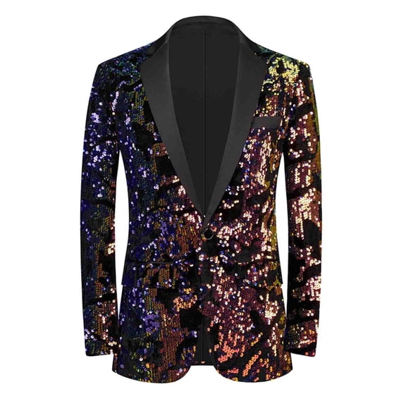 KHONTS Men's Sequins Velvet Shawl Lapels Stage Party Prom Wedding Dinner Suit Jacket Blazer Blue L