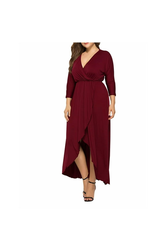 Women's Plus Size Dress Wrap Long Sleeved V-Neck Ruffle Cocktail Maxi Dress Burgundy,3XL