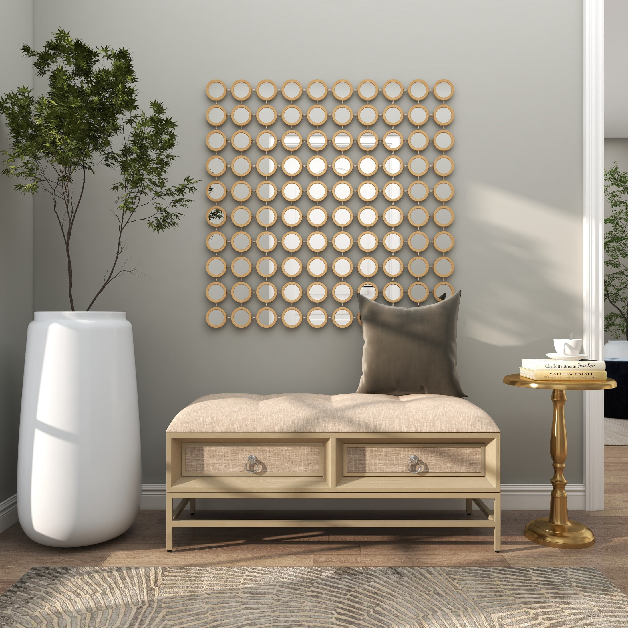 DecMode Linen Fabric Upholstered 2 Drawer Storage Bench with Tufted Seat and Ring Handles, Beige