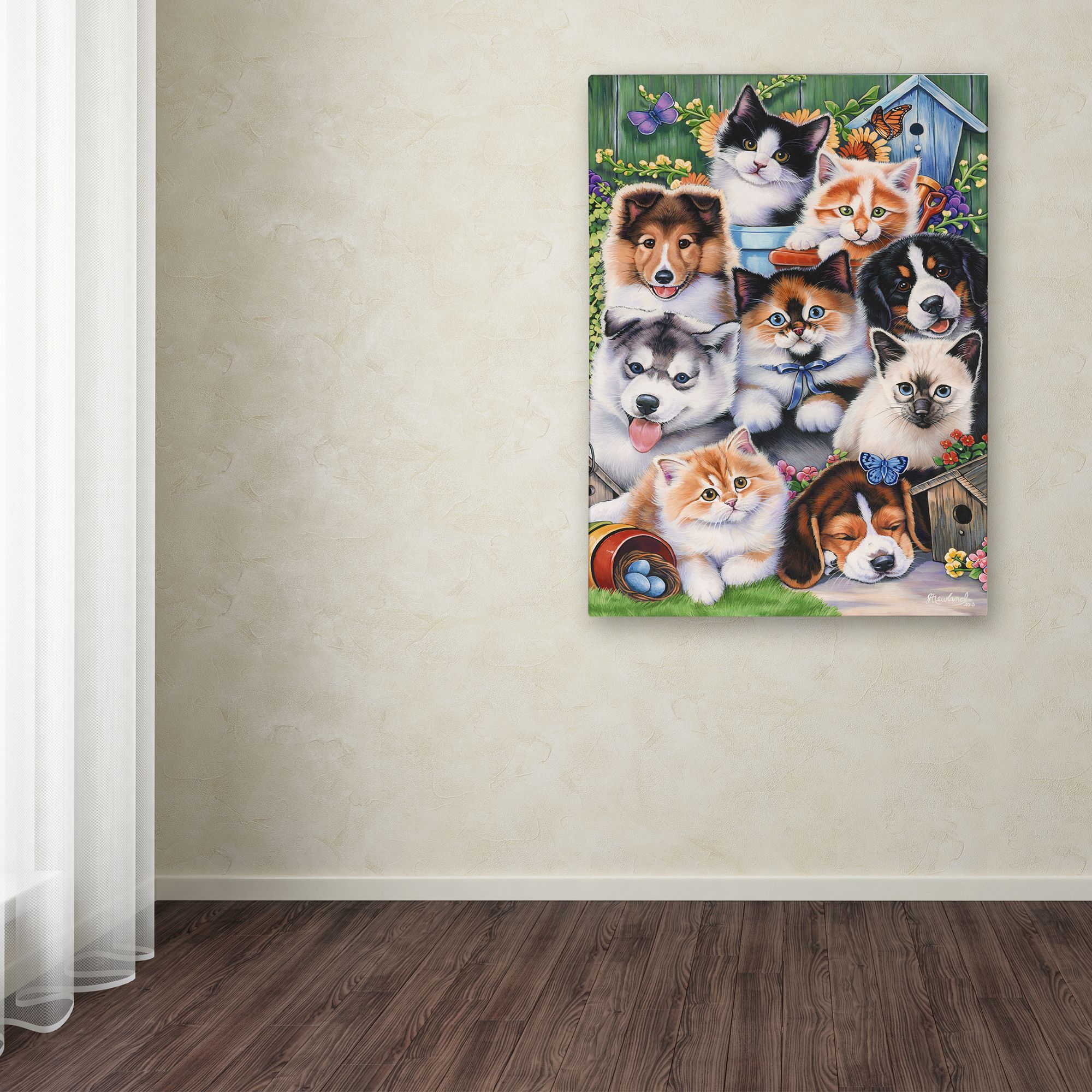 Trademark Fine Art 'Kittens & Puppies In The Garden' Canvas Art by Jenny Newland