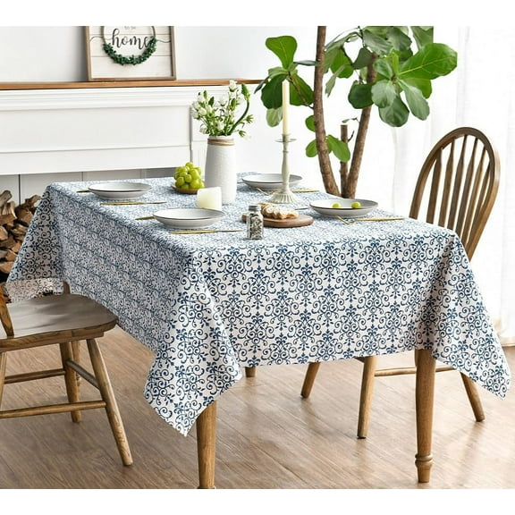 Cotton Rectangular Tablecloth 60×84 Inch, Floral Flower Vintage Navy Damask Pattern Washable Table Cover for Party Picnic Dinner Decor