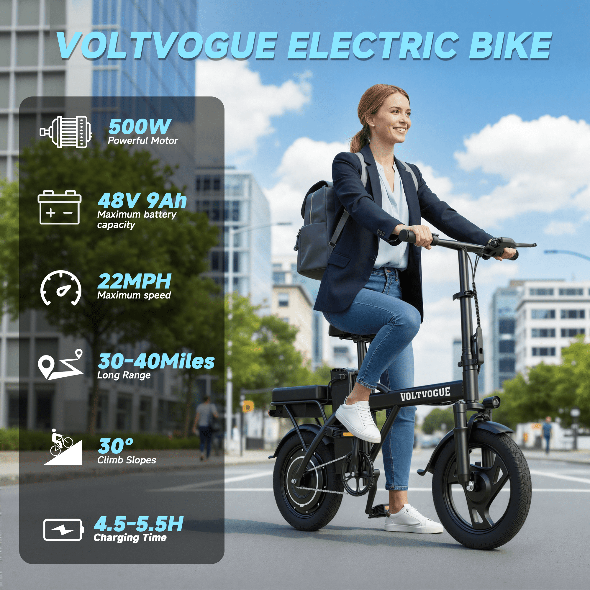VOLTVOGUE VV-14 Adult Electric Bike, 14" Fat Tire Ebike, 500W Motor, 48V 9Ah 432Wh Battery, Speeds Up to 22 MPH, Dual Brakes, Front Suspension, UL 2849 Certified, Recommended Age 16+