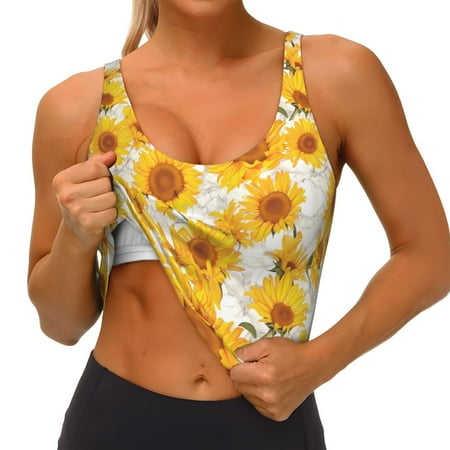 Qokaie White Marble Pattern Sunflower Pattern Womens Scoop Neck Sports Bra Breathable Workout Vest Padded U Back Medium Impact Fitness Gym Yoga Bra Workout Crop Top