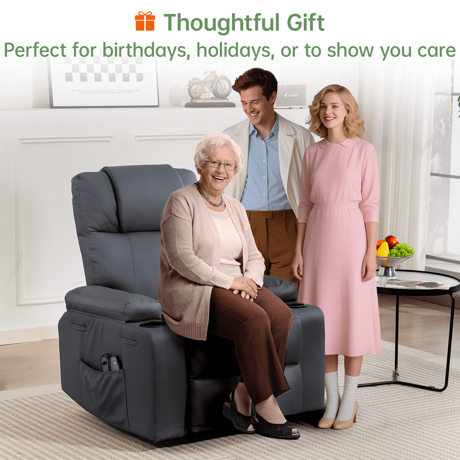 Power Lift Recliner Chair for Elderly with Heat & Massage, 160° Electric Adjustable PU Leather Recliner Sofa with Remote Control, Stand Assist, Cup Holder & Side Pockets for Living Room (Grey)