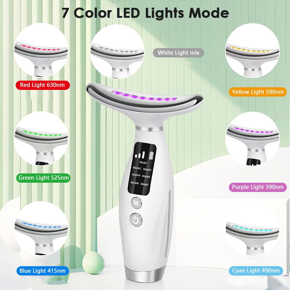 Facial and Neck Massager for Face, Neck - 7- in -1 Beauty Massager for Skin Lifting & Firming, Wrinkle & Dark Circle Reducer, Face Sculpting Tool for Skin Care and with Vibration, Thermal (White)