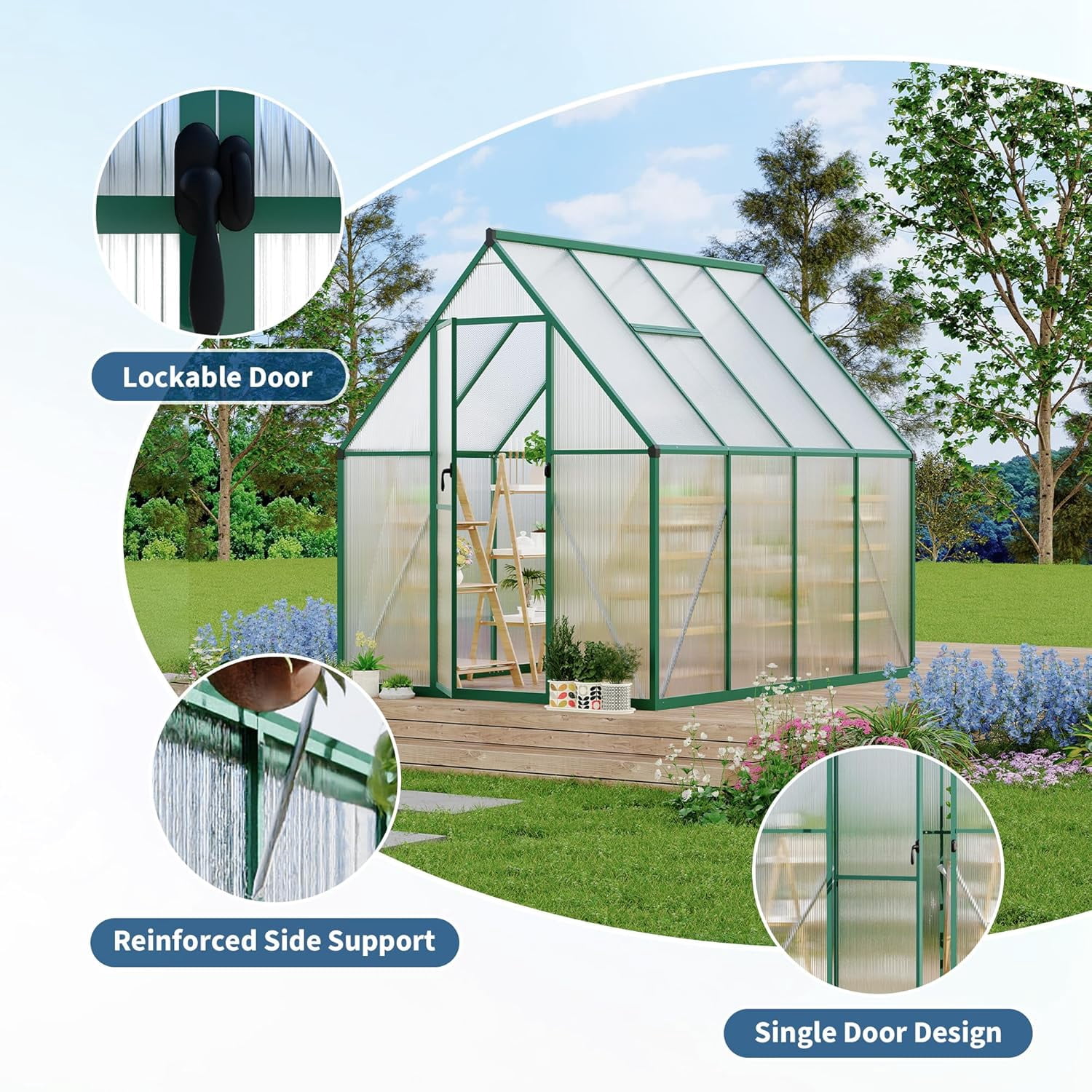 Greenhouse with Aluminum Frame, Polycarbonate Greenhouse for Outdoors, Greenhouses with Ventilation, Aluminum Large Walk-In Greenhouses, Green