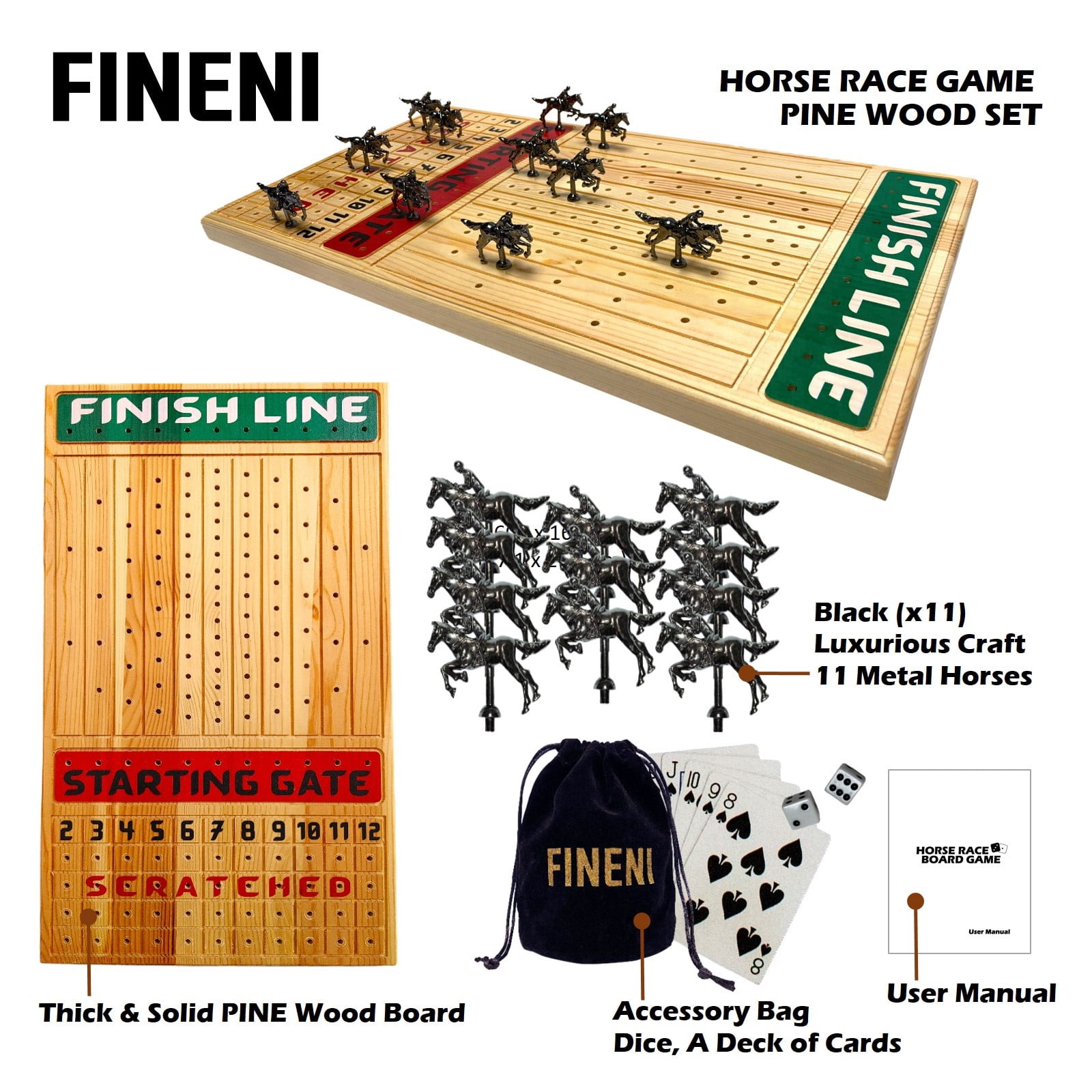 FINENI Horse Racing Game for Adults, Horse Race Board Game with 11 Luxurious Metal Horses (Black), 22” Pine Wood Horse Race Game Board, Dice & Card Included