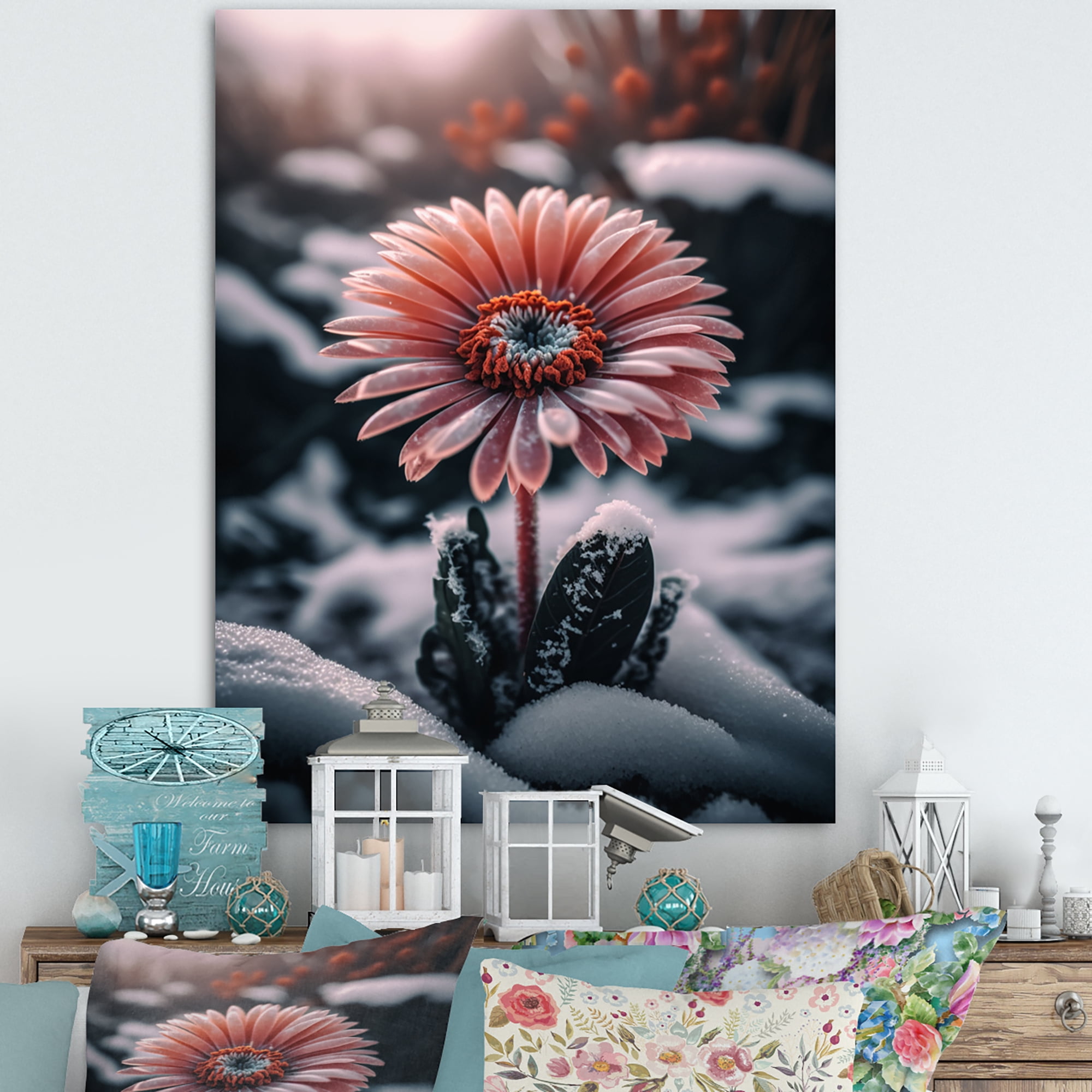Designart A Blooming Pink Gerbera Flower In Winter II Canvas Wall Art