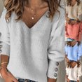 thumbnail image 1 of Femmes Automne Hiver Pull-Over Boutons Manchette Manches Longues V Col Côtelé Pull, 1 of 1