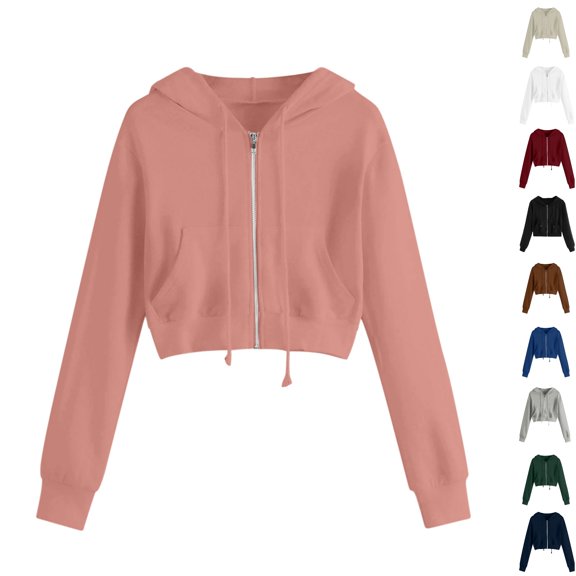 Dezsed Hoodies for Women Zip Up Drawstring Cropped Sweatshirt Comfy Long Sleeve Short Sweatshirt Hooded Crop Jacket Tops with Pockets Light Pink XXXXL