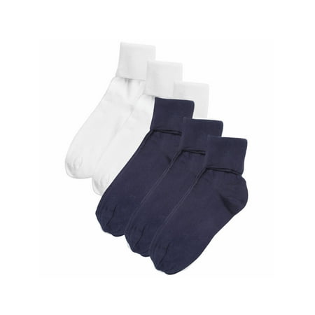 Women's Buster Brown 100% Cotton Fold Over Socks - 6 Pack 3 White 3 Navy