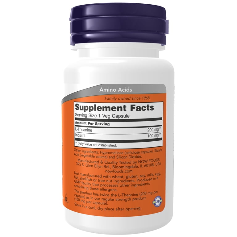 NOW Supplements, Natural L-Theanine 200mg with Inositol, Stress Management,  60 Veg Capsules