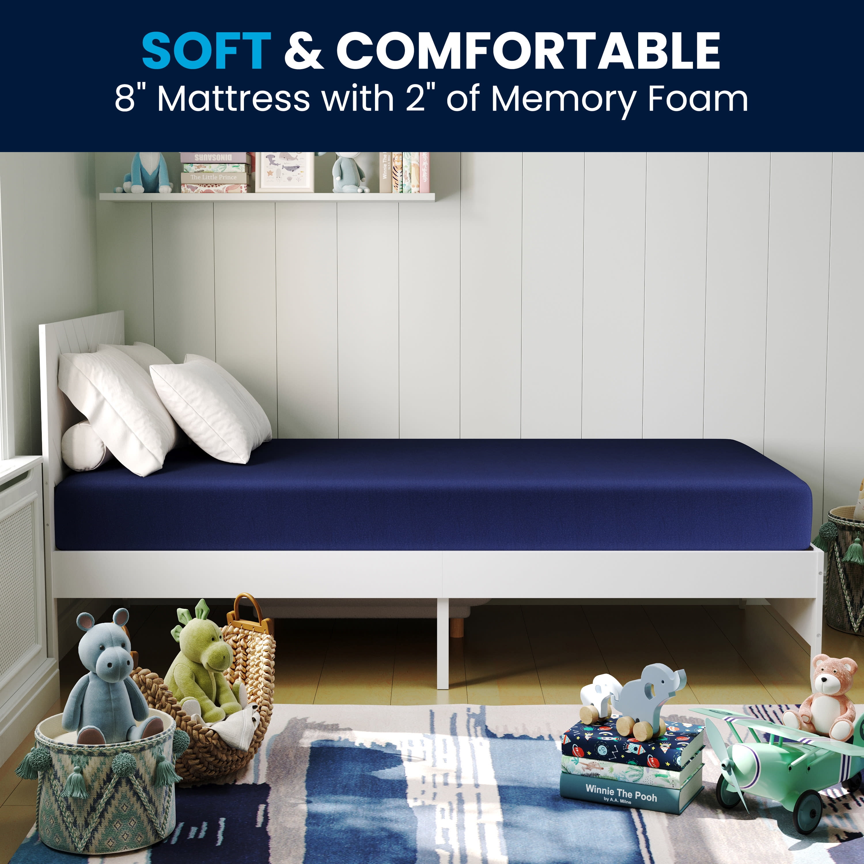 BizChair Liquid-Resistant Memory Foam 8" Twin XL Mattress with Removable Cover with Zipper in Blue