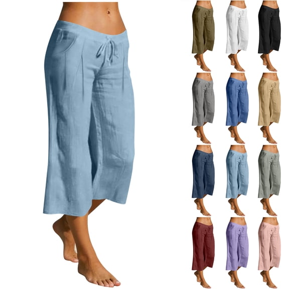 Bloomae Linen Capri Pants for Women Loose Fit Wide Leg High Waist Drawstring Soft Capris Lightweight Casual Baggy Summer Lounge Cropped Trousers with Pockets Purple M