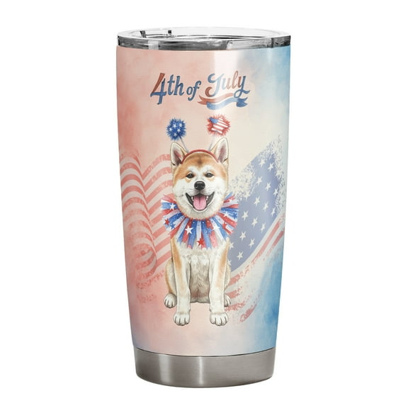 4th of July Akita Celebrates Independence Day 20oz Stainless Steel Tumbler Insulated Cup with Lid Inu Dog Lover - 12010
