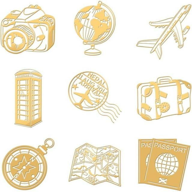 9 pegatinas de metal doradas de 1,6 x 1,6 pulgadas con temática de viaje, autoadhesivas, para mapas de aviones, pasaportes, pegatinas de epoxi doradas para álbumes de recortes, manualidades de resina