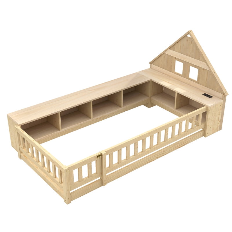 Twin Size Wood Floor Bed with Guardrail & Small Door, House-Shaped Bookcase Headboard Kids Platform Storage Bed with LED & Outlet