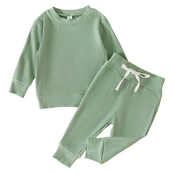 Gibobby Conjunto para bebé niña Conjunto de ropa de invierno de manga larga acanalado de Color sólido para niños y niñas pequeñas, pantalones, 2 uds.(Verde de menta,12-18 Meses)