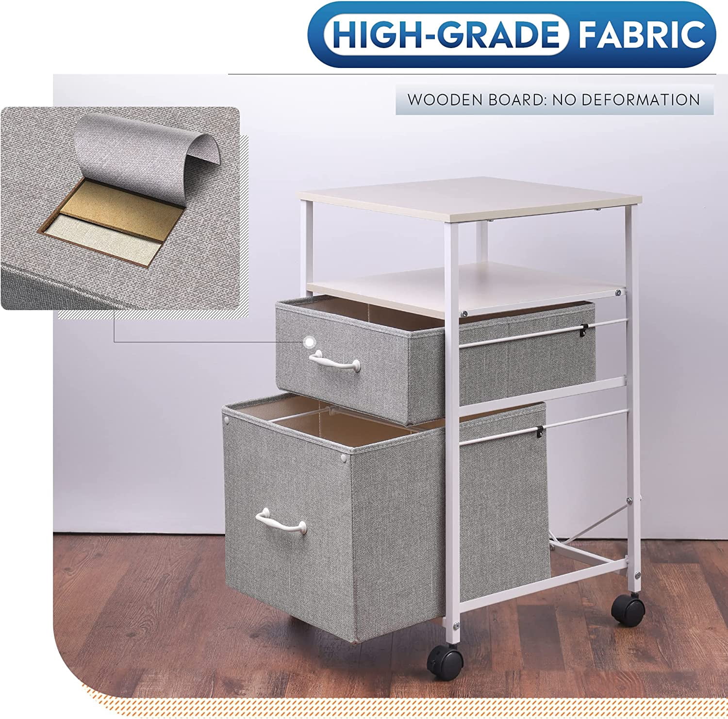 2 Drawer Mobile File Cabinet, Rolling Printer Stand with Open Storage Shelf, Fabric Vertical Filing Cabinet fits A4 or Letter Size for Home Office