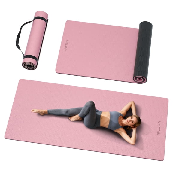 LAMEI Large Yoga Mat Thick Extra Wide And Long, Non-Slip TPE Exercise Mats For Home Workout, Straps For Carrying, Dual-Color in Pink/Black