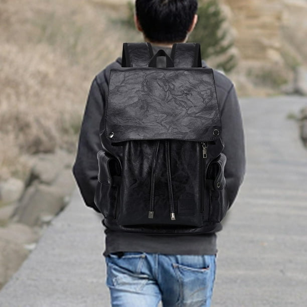 Yinanstore Laptop Backpack Black PU Leather Computer Bag Casual Daypack for Camping Commute