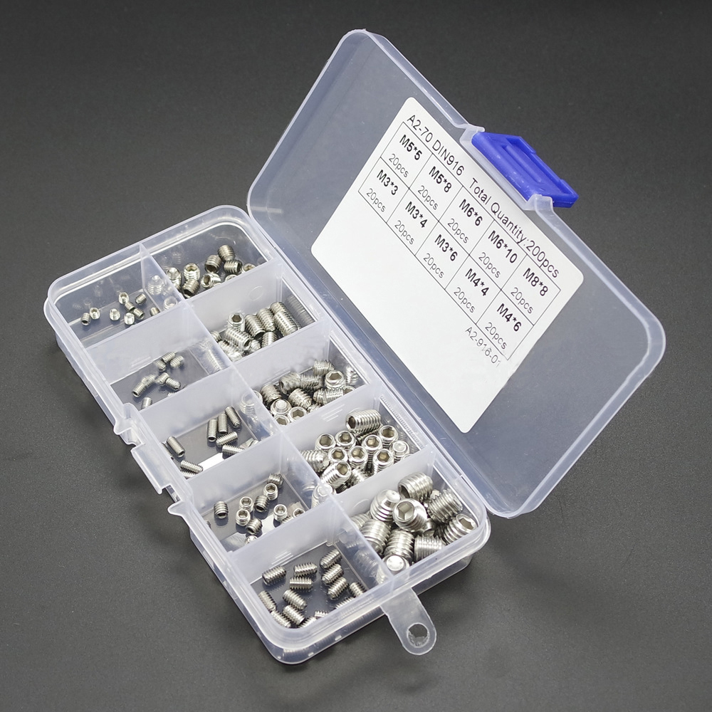 200pcs Hex Grub Screws Kit Set Screws 304 Stainless Steel M3/M4/M5/M6/M8  Grub Screw Assortment Packed in Organizer Box