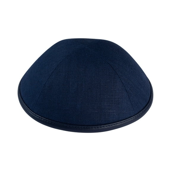 iKIPPAH Navy Linen w/ Leather Rim Skull Cap