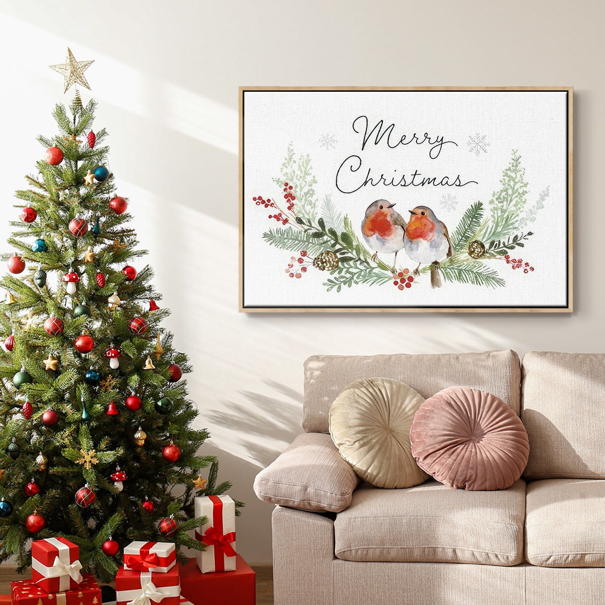 Winter Visitor Collection A - Framed Gallery Wrapped Holiday Canvas - 27 x 41 - Natural Wood Frame