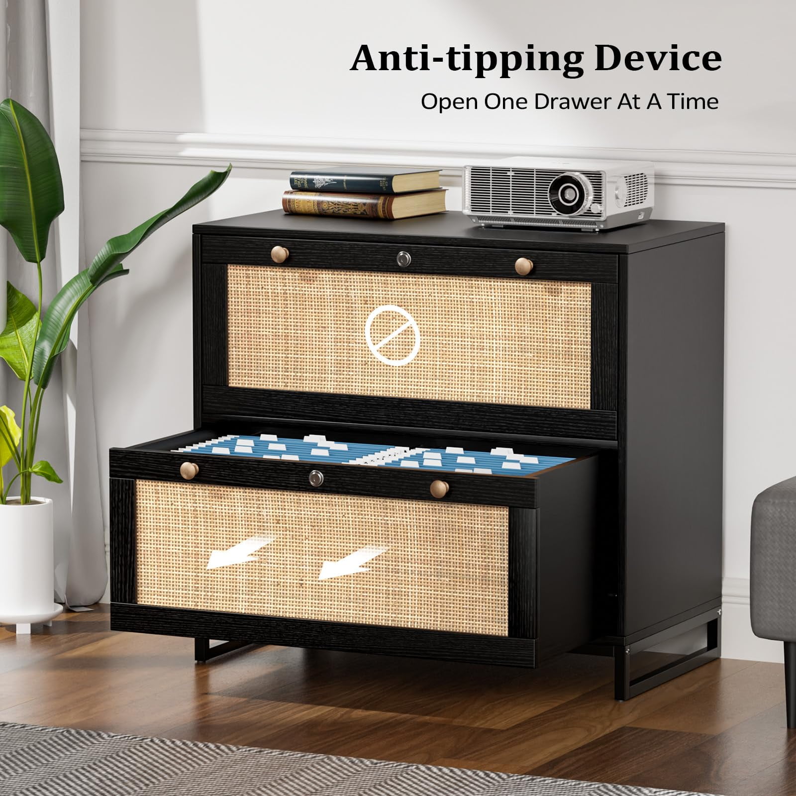 Ktaxon Rattan 2 Drawer Lateral File Cabinet with Lock, Wood Locking File Cabinets for Home Office, Black