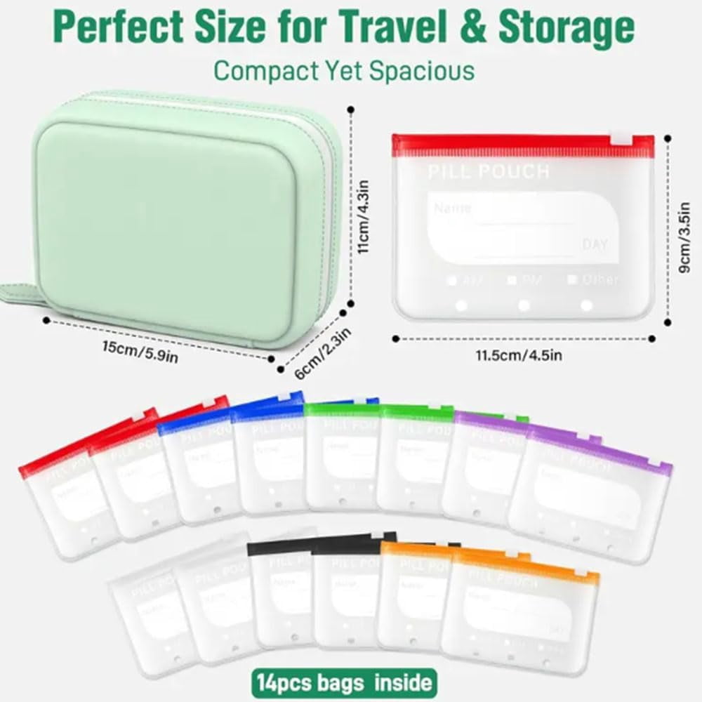 A8 Waterproof Pill Pouch Set, Weekly Pill Organizer with 14 Color Coded Medicine Pouches, Large Reusable Travel Medicine Case, Crush Resistant Waterproof Zipper Storage for Vitamins Fish