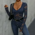 thumbnail image 5 of Oplxuo Long Sleeve Bodysuits for Women Floral Lace Sexy Deep V Neck Sheer Mesh Bodysuit Tops See Through Leotards, 5 of 6