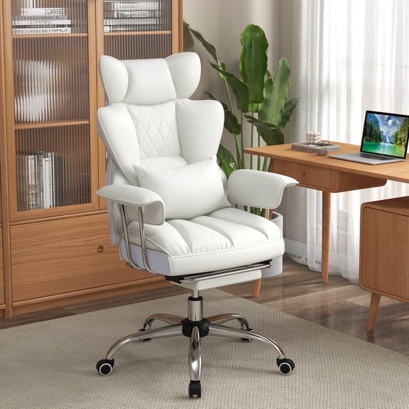 KDTHTF Ergonomic High Back Big and Tall Executive Office Chair with Retractable Footrest, Adjustable Lumbar Support, Reclining Desk Chair, White PU Leather, 400 lbs Capacity