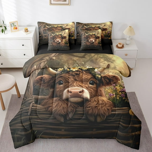 Erosebridal Highland Cattle Bedding Sets Twin Size,Farmhouse Animal Comforter Sets with Sheets,Rustic Bedroom Decor,Reversible,Breathable,7-Piece