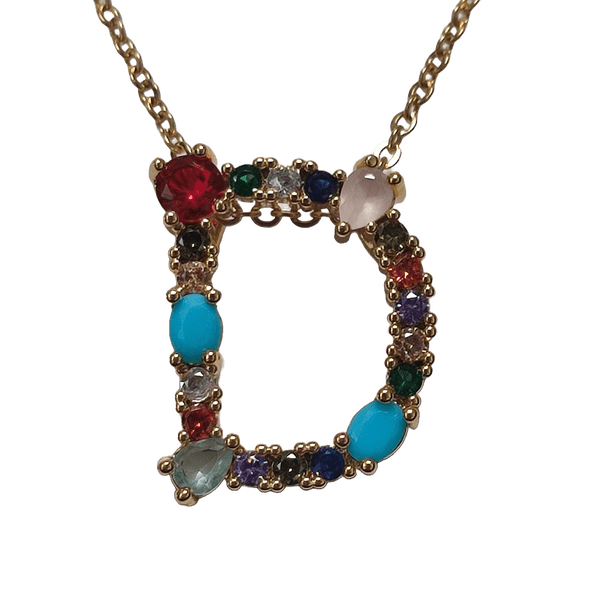 cadena con dije de inicial letra D, chapa de oro de 18 kilates, zirconias de colores Maria Almudena casual