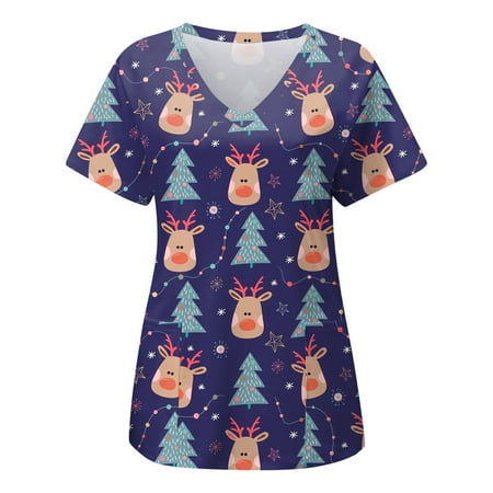 

Christmas Scrub Tops for Women Funny Xmas Reindeer Graphic Print Basic Fit Short Sleeve Sweatshirt Vintge Fall Winter Sweaters Shirts