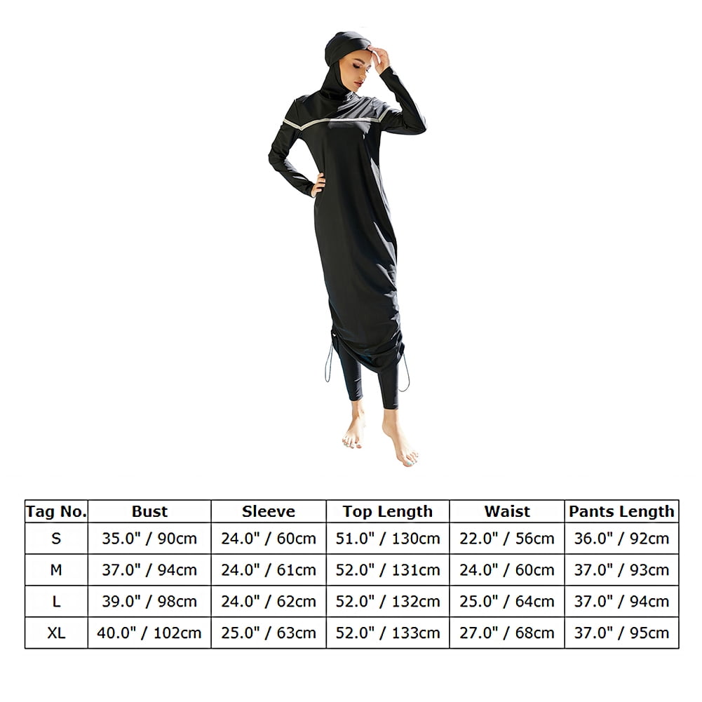 IBTOM CASTLE Muslim Swimsuits for Women Modest Islamic Arabic Swimwear Burkini Full Cover Hijab Top Pants Swimming Cap Bathing Suits XL Black + White