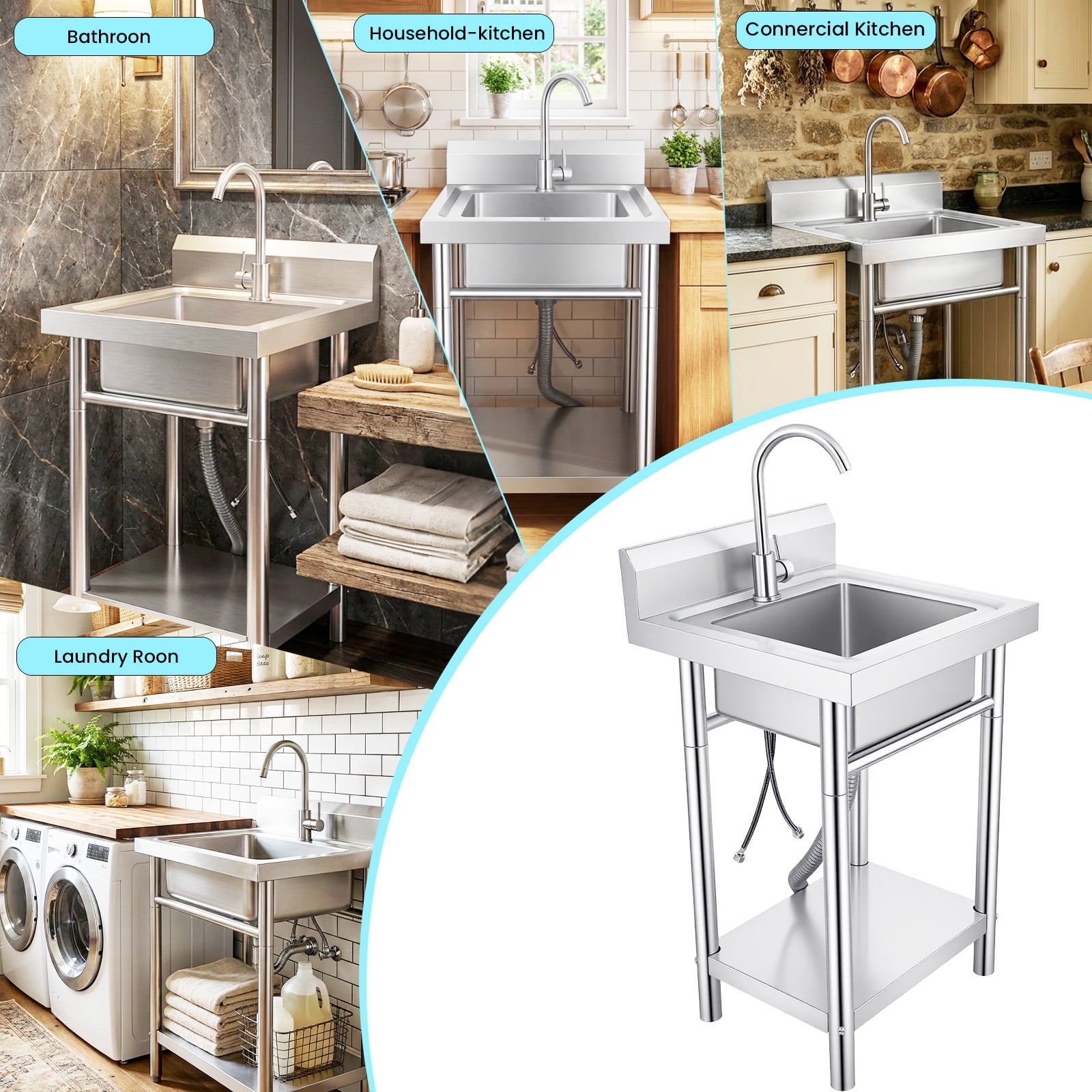 Utility Sink with Cold & Hot Water Faucet,Indoor and Outdoor Sink,Single Bowl Sink Basin for Home Garage & Laundry Room