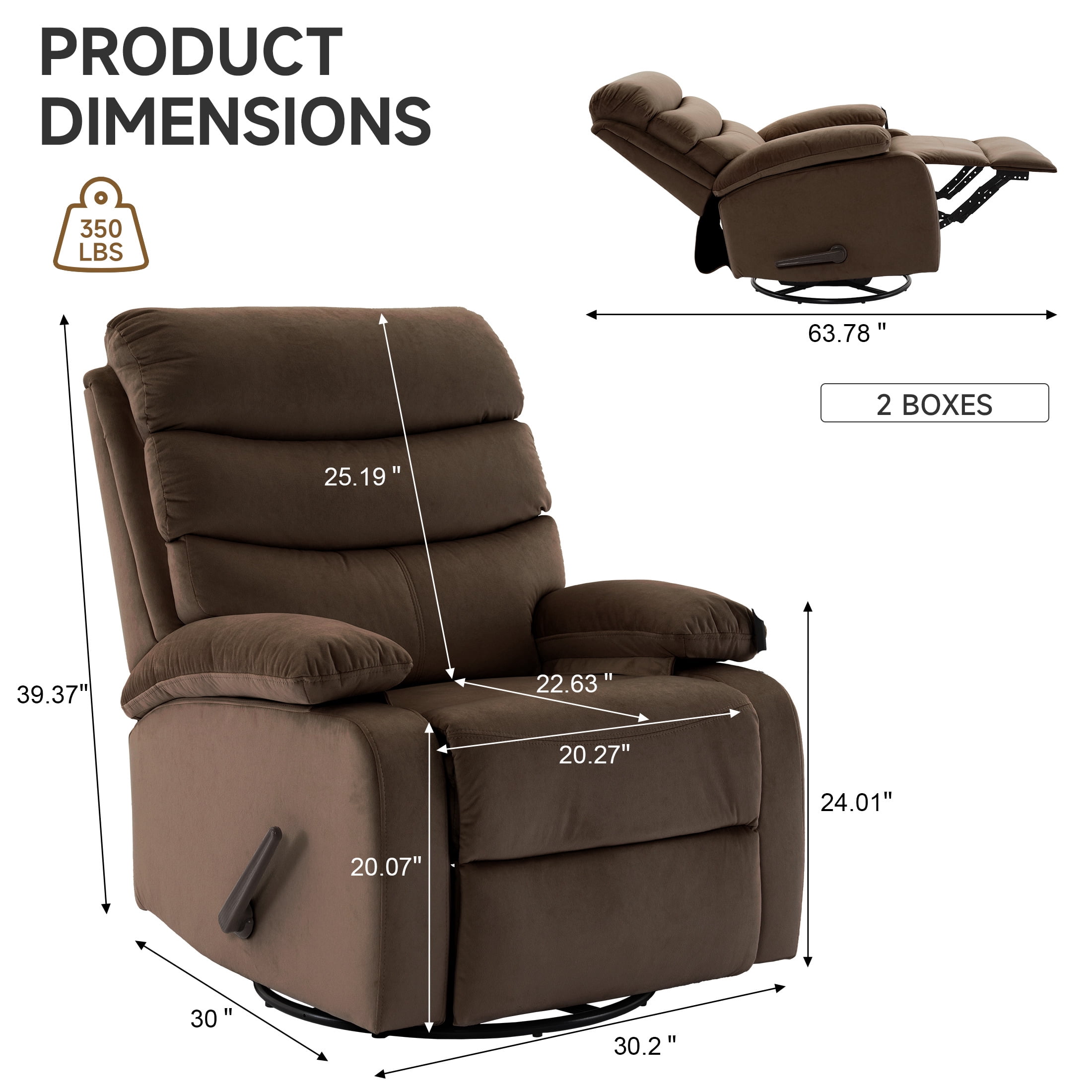Manual Swivel Rocker Recliner for Small Spaces, Swivel Rocker Recliner Chair Small Rocker Recliner Chair for Living Room, RV, Nursery, Bedroom, Dark Brown