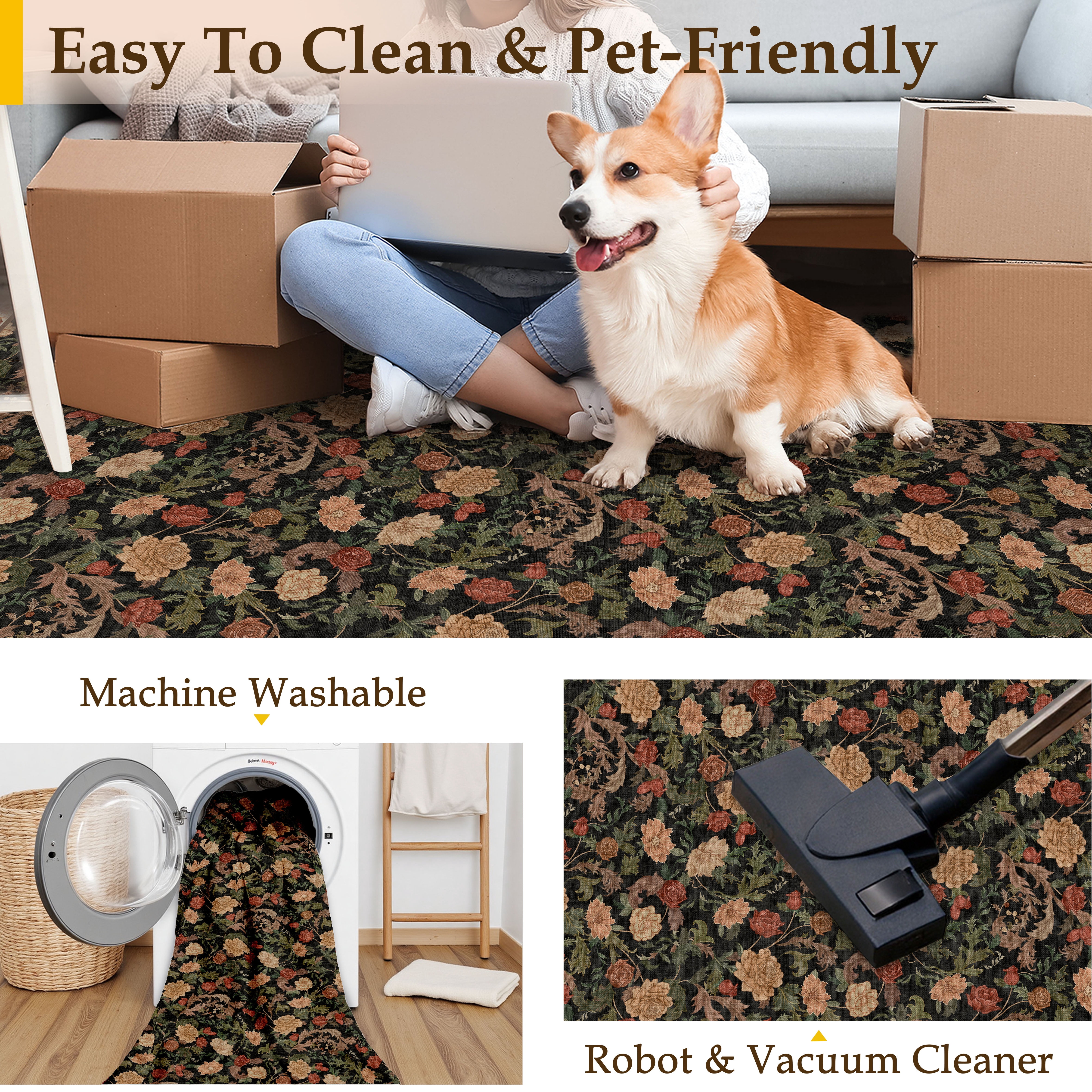 BERTHMEER 6'x9' Area Rugs for Living Room Bedroom Dining Room Farmhouse Kitchen Office Oriental Vintage Traditional Floral Rugs Machine Washable Non Slip Indoor Carpets,Black