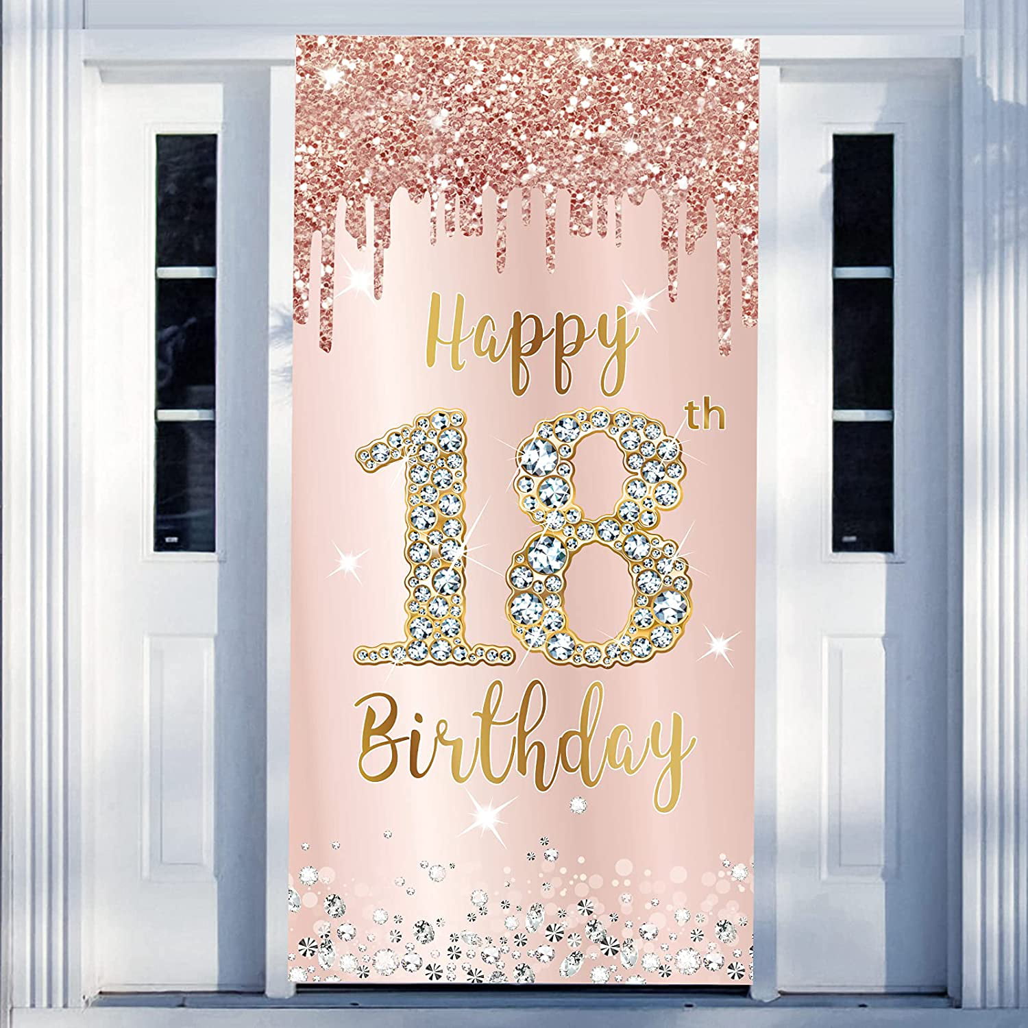 Happy 18th Birthday Door Banner Backdrop Decorations for Girls Rose Gold 18th Birthday Party Door Cover Sign Supplies Eighteens Years Old Birthday Poster Background Photo Booth Props Decor