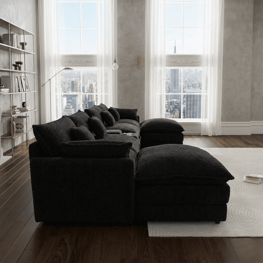145" U Shaped Cloud Couch Sectional Sofa, Modular Chenille Sectional with Double Chaise, USB Charging, Hidden Storage & Center Console, Deep Seat Comfy Couch for Living Room, Black