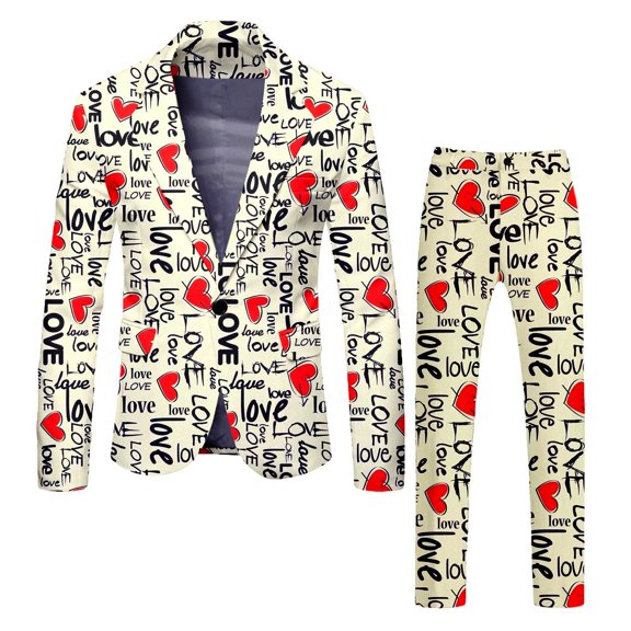 ZHOUCHANKIDS Men's Valentine's Day Printed Suit Set Two Piece Formal Attire with Rose Design Jacket and Trousers Beige S