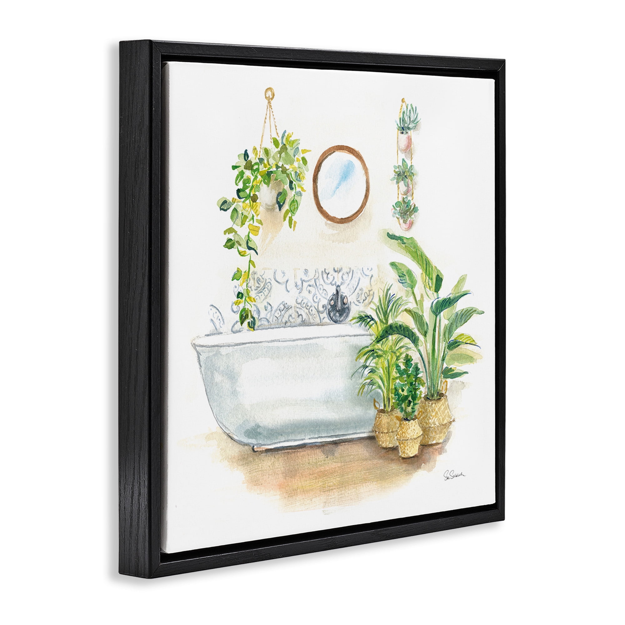 Stupell Industries Serene Bathroom Interior with Greenery Botanical & Floral Painting Black Floater Framed Canvas Art Print Wall Art, 18 x 18