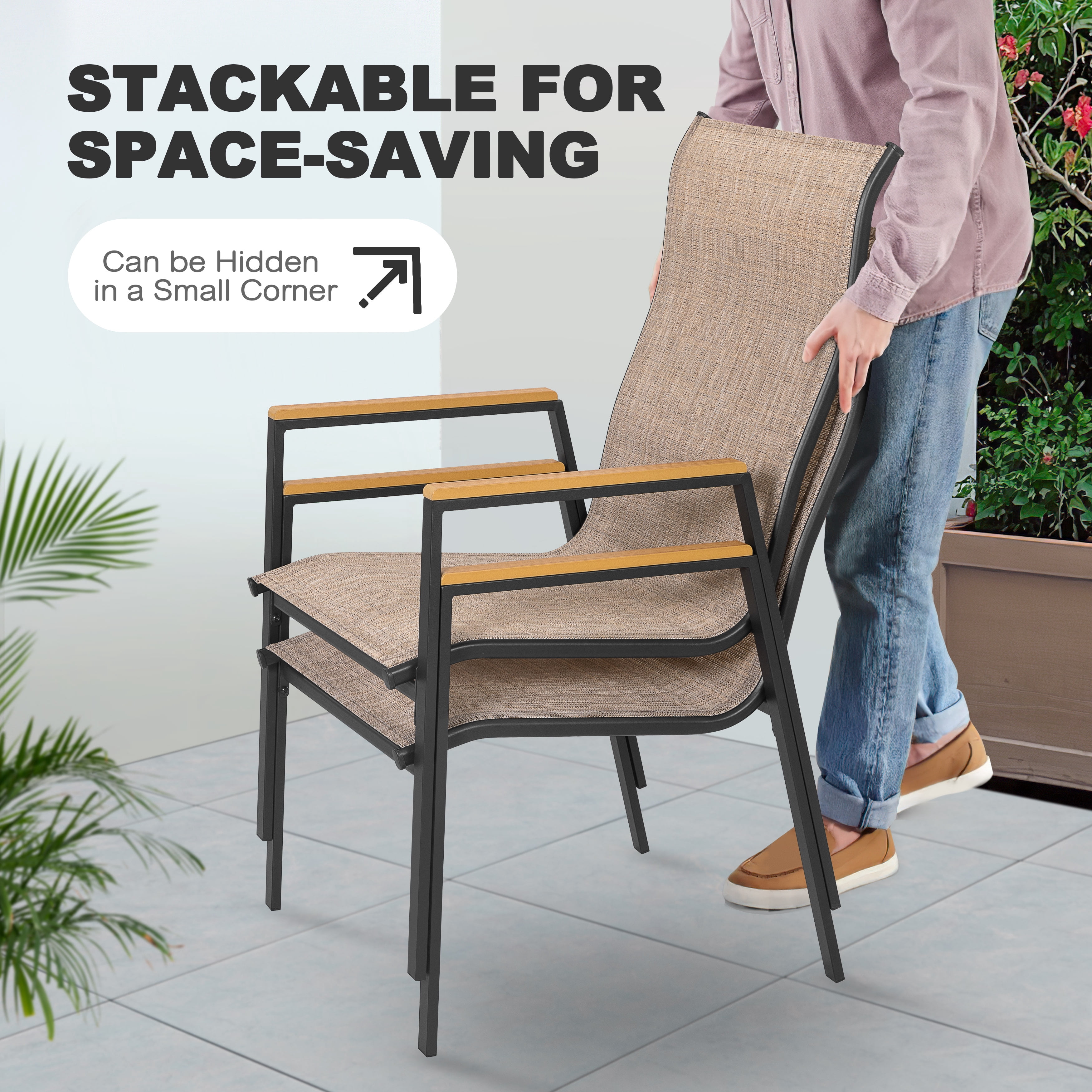 Nuu Garden Outdoor Patio Dining Chairs Set of 4, Stackable Outdoor Dining Chairs with High Back, Wide Seat and Faux Wood Armrests, Breathable Textilene, Powder-Coated Frame for Outside, Khaki