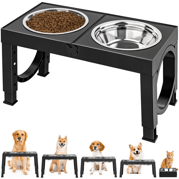 Aystkniet Adjustable Foldable Double Pet Dish Stand with 2 Stainless Steel Bowls, 5 Heights, Anti-Slip Design, Black