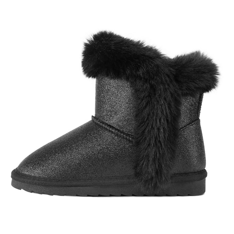Kushyshoo Girls' Black Snow Boots, Warm Faux Fur, Glitter Strap