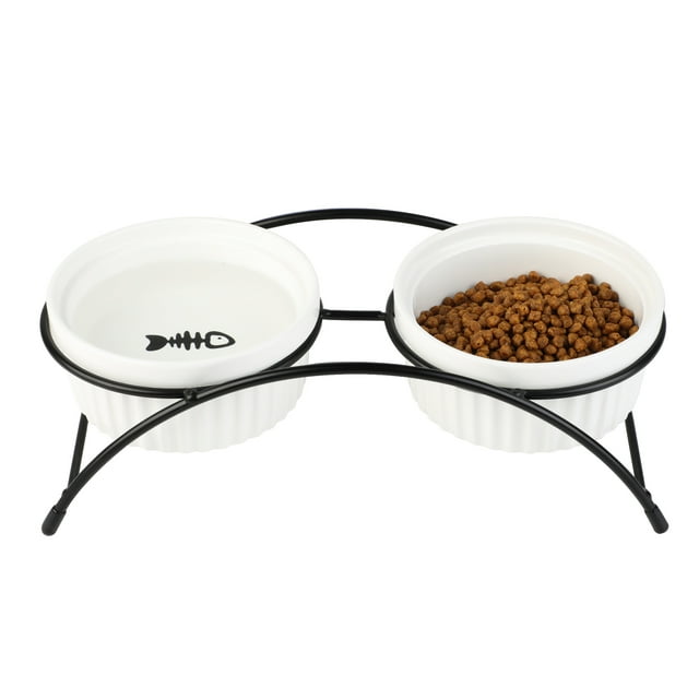 Ceramic Double Pet Bowl Protective Elevated Cat Bowl Raised Dog Bowl with Stand
