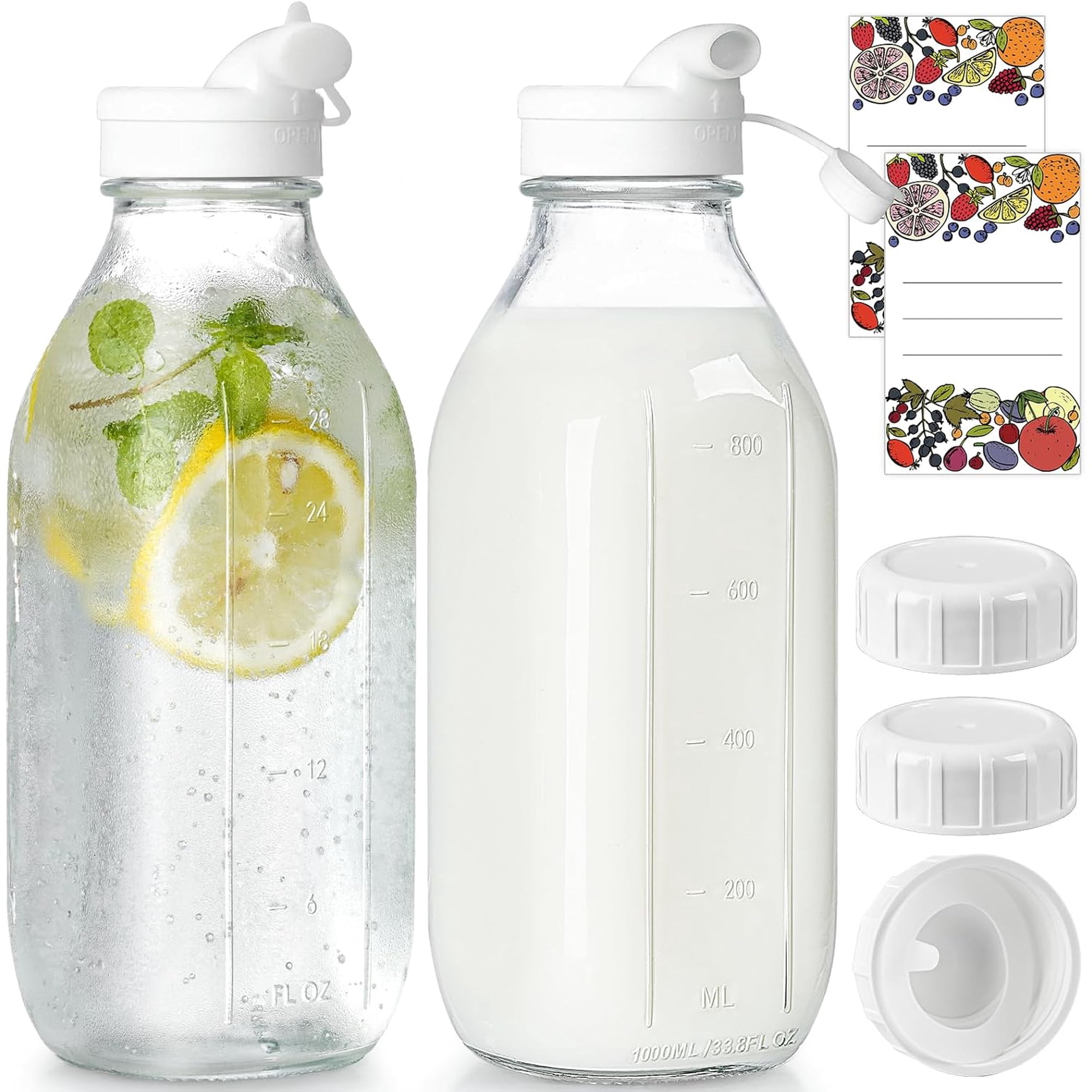 Two-pack glass baby bottles with two dispensing caps, 100% airtight and durable screw caps. 32 oz reusable glass water pitcher with three lids! Suitable for buttermilk, nuts, juice, syrup, coffee.